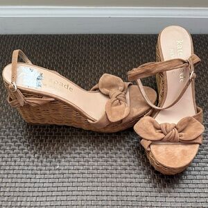 kate spade Tan Suede-Look Wedge Sandals with Knotted Bow